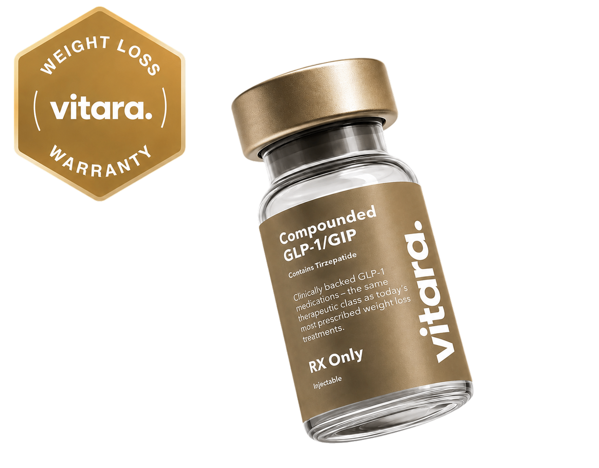 Vitara weight-loss warranty badge and Compounded GLP-1/GIP vial